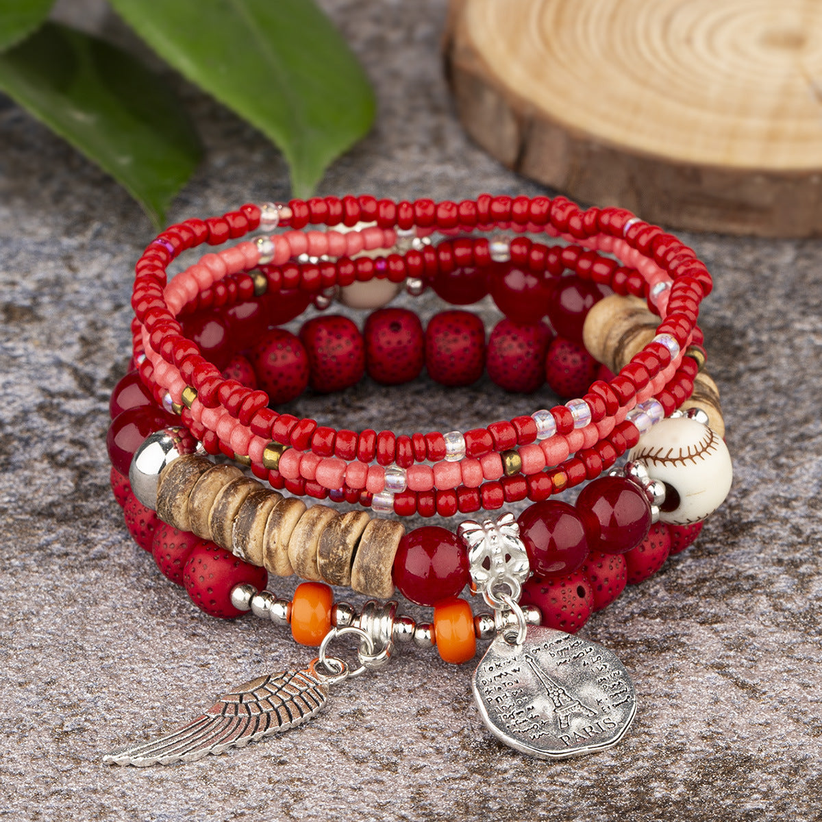 Wholesale Bohemian Ethnic Style Angel Wings Letter Alloy Pendant Beaded Bracelet Five-piece Set